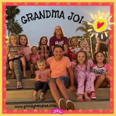 a group of children sitting on steps with the words grandma jo written in front of them