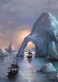 an iceberg with two boats in the water