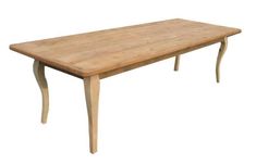 a wooden table with curved legs on a white background