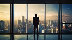 a man standing in front of large windows looking out at the city