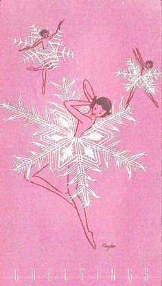 a pink card with white snowflakes on it and a girl in the middle