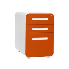 an orange and white filing cabinet on wheels with three drawers in the front, side view