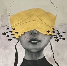 a painting of a woman with her head covered in yellow paper and black birds on it