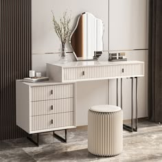 a white dressing table with a round mirror and stool in the corner next to it