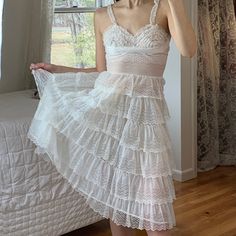 This Dress Is So Lovely. Absolutely Stunning. True Vintage, Usa Made. Fits Over The Head. Tiered Lace Ruffles, Under Bust Detailing And Ruffle Straps. Shown On Its Own As Well As Styled Over A Petticoat With A Sash. Gives Me Serious Scarlett O'hara Gone With The Wind Vibes! The Perfect Bohemian Wedding Dress. Excellent Condition, No Stains Or Tears. Best Fit Xsmall-Small. Please Comment With Questions. Approx: Bust: 32-34" Waist: 24-30" Hips: Free Top Of Bust-Hem: 37" Scarlett O Hara, Bohemian Wedding Dress, Cat Dresses, Gone With The Wind, Vintage Usa, Dress Boho, Lace Ruffle, Colorful Boho, Bohemian Wedding