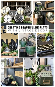 a collage of photos with different types of clocks and other things to decorate it