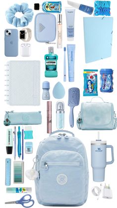 the contents of a blue backpack are arranged in an array on a white background, including toothbrushes, toiletries and other items