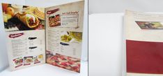 an open brochure showing different types of food and menus on it's pages