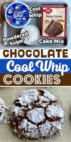 chocolate cake whip cookies are on a table and in front of an open cookie tin