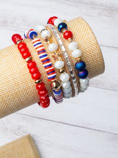 Our 'Red, White, & Boujee' bracelet set is a chic and vibrant accessory enselble that celebrates American pride with style. This set features five unique bracelets inspired by the iconic flag of freedom. You can wear these all together or mix and match for a more customizable look. Patriotic Bracelet, Unique Bracelets, Glass Beaded Bracelets, American Pride, Strand Bracelet, July 4th, Crystal Bracelets, Mix And Match, Free Giveaway