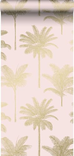 a pink and gold wallpaper with palm trees