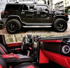 the interior and dashboard of a black hummer with red stitching on both sides