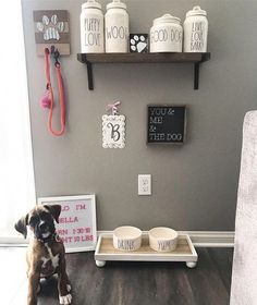 a dog is sitting in front of two bowls