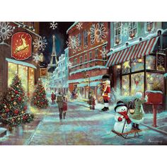 a painting of people walking down a street at night with christmas decorations on the buildings