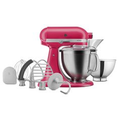 a red mixer and other kitchen appliances on a white background