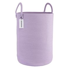 a purple laundry basket with a tag on it