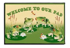 a welcome to our pad sign with frogs