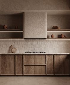 an empty kitchen with wooden cabinets and white tile backsplash, counter tops and shelves