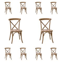 six wooden chairs in different positions on a white background, each with a cross back design