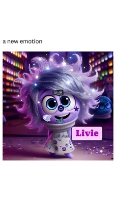 an image of a cartoon character with purple hair and blue eyes, standing in front of a