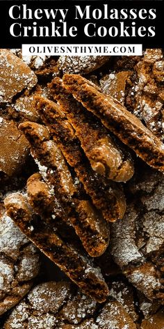 chewy molasse crinkle cookies with powdered sugar on top and text overlay that says chewy molasses crinkle cookies