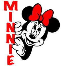 the minnie mouse logo is red and black with a bow on it's head