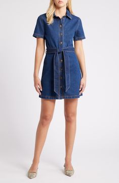 Steve Madden Jolene Denim Mini Shirtdress | Nordstrom Denim Mini Dress Outfit, Denim Dress Fall, Short Sleeve Denim Dress, Rich Auntie, Belted Denim Dress, Summer Dresses Casual, Mini Dress Outfits, Summer Wardrobe Essentials, Wedding Guest Shoes