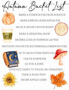 an autumn bucket list with pumpkins, apples and other things to eat on it