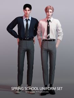 two young men standing next to each other with their hands on their hipss and wearing ties