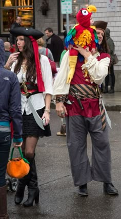 an image of people in pirate costumes on the street with caption that reads, 31 pirate parents & parrot