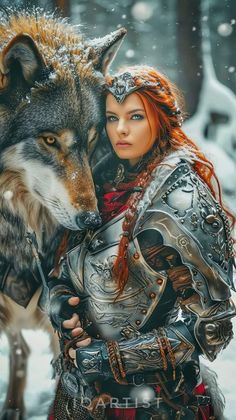 a woman with red hair and armor standing next to a wolf