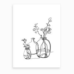 two vases with flowers are shown in black and white ink on a paper sheet