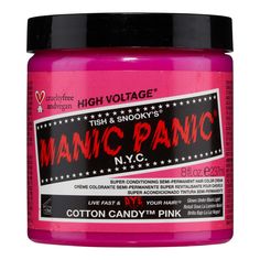 PRICES MAY VARY. Cotton Candy Pink Hair Dye Color Eight Ounce Jar; A Lovely Bright Cool Toned Pink Hair Dye; This Shade Glows Under A Black Light; We Recommend Using Cotton Candy Pink On Hair That Has Been Lightened To A Very Light Level Nine Blonde Mixable Colors And Tones; MANIC PANIC Hair Colors Are Safe To Mix To Create Custom Shades Making The Possibilities Of Shades Endless; Combine Any Formula With The Pastelizer To Create Soft Trendy Pastel Hues; Ready To Use No Developer Required Semi P Manic Panic Cotton Candy Pink, Manic Panic Pink, Candy Pink Hair, Cotton Candy Pink Hair, Permanent Hair Dye Colors, Manic Panic Hair, Pink Hair Dye, Semi Permanent Hair Dye, Hair Color Cream