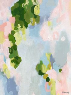 an abstract painting of green leaves and blue sky