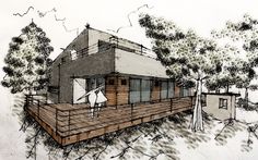 a drawing of a house with trees in the back ground and two people standing outside