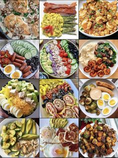 a collage of different types of food including eggs, salads and meats