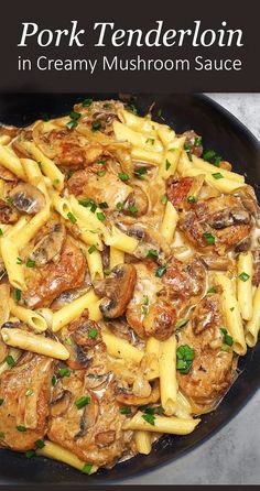 a skillet filled with pasta and mushrooms