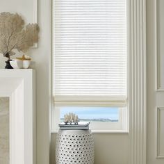 a white vase sitting in front of a window next to a fire place with a potted plant on top of it