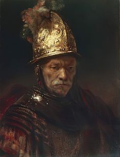 an old man wearing a golden helmet with feathers on it's head and his eyes closed