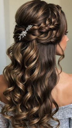 #hairstyles #long hairstyles # shorthairstyles # prom hairstyle # french hair style # boys hairstyle # hair ideas # ombregreyhair boys hairstyle Wedding Hairstyles Long Hair Half Up, Bride Hairstyles Half Up Half Down Brunette, Bride Half Up Hair, Bridal Hairstyles For Long Hair Half Up, Long Hair Bride Hairstyles, Bride Hairstyles Brunette, Bday Hair, Charro Quince, Square Face Hairstyles