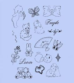 some cute little animals and butterflies on a blue background