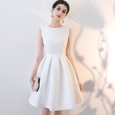 White Off Shoulder Dress Short, Short White Dress Elegant, Round Neck Satin Dress, A-line Sleeveless Dress For Banquet Prom Season, Elegant A-line Evening Dress For Homecoming, Elegant A-line Mini Dress For Homecoming, A-line Sleeveless Dress For Homecoming And Prom Season, Elegant Sleeveless Dress For Prom Season And Banquet, Wedding A-line Mini Dress With Back Zipper