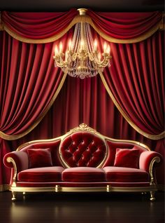 a red couch sitting under a chandelier in front of a curtained window