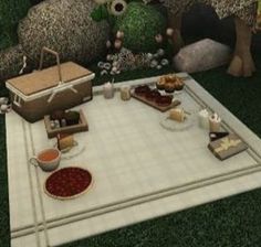 an image of a picnic setting with food and drinks on the ground in the grass