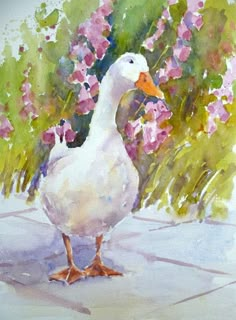 a watercolor painting of a white duck standing in front of purple and green flowers