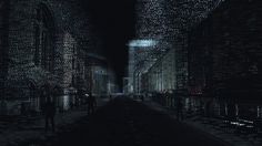 a dark alley with people walking on the sidewalk and lots of text all over it