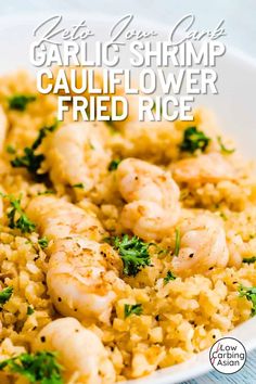 garlic shrimp cauliflower fried rice in a white bowl with parsley on top