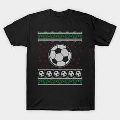 a black t - shirt with a soccer ball on the front and green, red, and white design