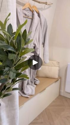 there is a plant that is on the window sill in front of some clothes