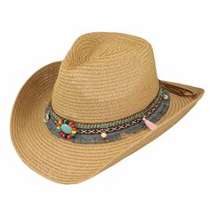 Straw cowboy hat for women. Colorful embroidered tassel band with turquoise beaded concha. C-crown with pinched front. Curled 3" wide brim with wired edge to shape. Inner drawstring to adjust fit. One size. 100% paper braid. Adjustable Fringe Hat With Curved Brim, Adjustable Flat Brim Hat With Fringe, Adjustable Fringe Hats, Adjustable Brimmed Sun Hat With Fringe, Bohemian Fedora For Kentucky Derby And Rodeo, Adjustable Sun Hat With Fringe And Curved Brim, Adjustable Curved Brim Sun Hat With Fringe, Adjustable Fringe Sun Hat With Curved Brim, Bohemian Adjustable Hat For Kentucky Derby